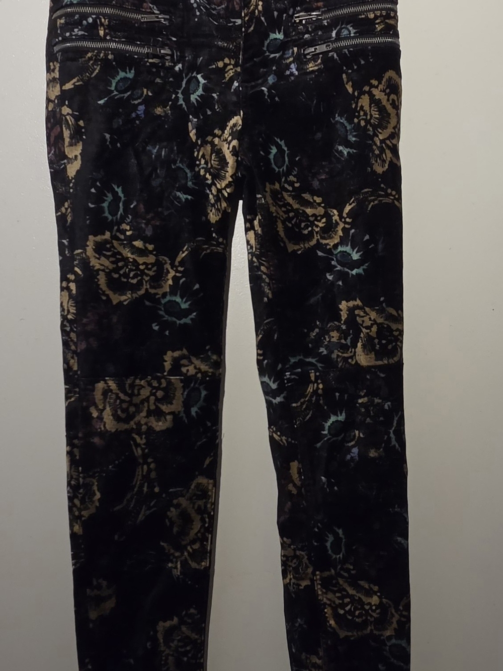 Free People Lennon Velvet Skinny Pants Floral Biker Moto Black Combo